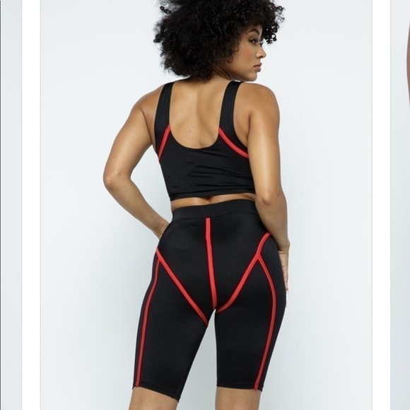 Biker Set. Contrast binding crop tank and biker shorts set. Black and red. Small - Picture 3 of 4